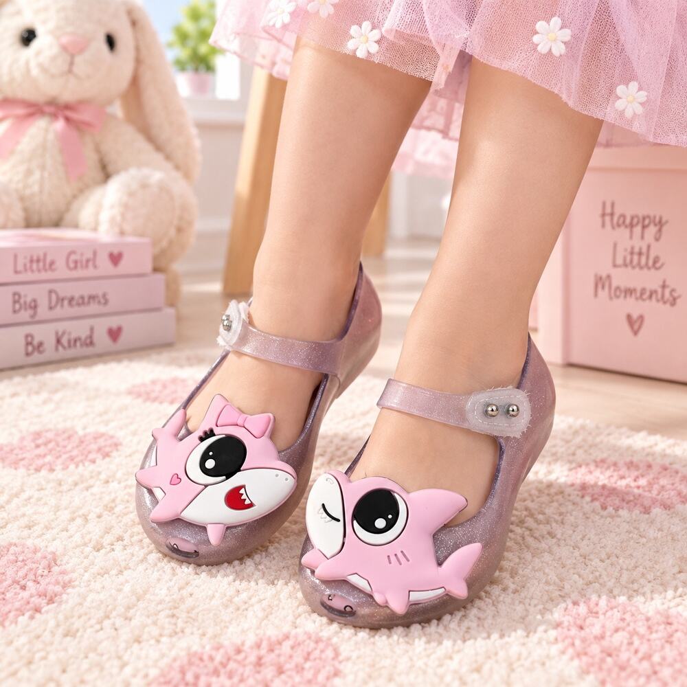Mini Melissa Baby Shark Pink Glitter Jelly Mary Jane Shoes Girls Size 10